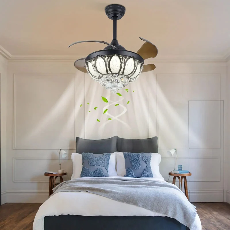 Modern Ceiling Fan With Elegant Crystal Pendant Lights And Retractable Hidden Blades Six Speed Settings Hella Smooth Airflow Killer Breeze Slick Finish For Living Rooms