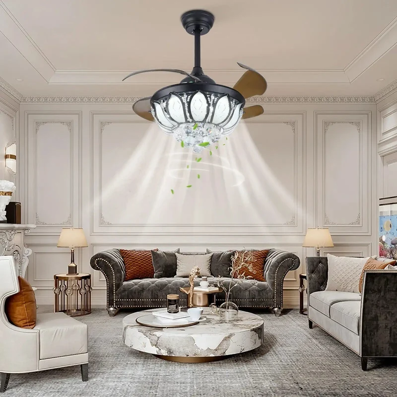 Modern Ceiling Fan With Elegant Crystal Pendant Lights And Retractable Hidden Blades Six Speed Settings Hella Smooth Airflow Killer Breeze Slick Finish For Living Rooms