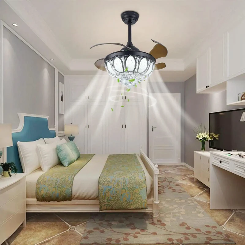 Modern Ceiling Fan With Bright Glow And Retractable Blades Six Speed Touch Control Crystal Accent Trim Warm Neutral Cool Bulb Straight Up Sleek Home Setup Game Changer For Any Living Room