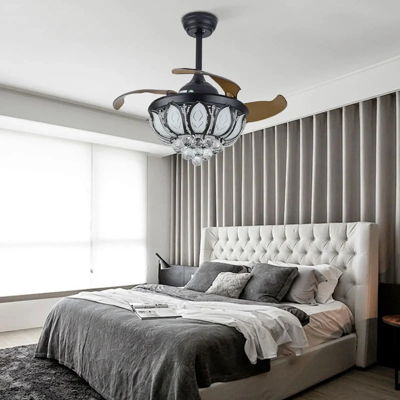 Modern Ceiling Fan With Bright Glow And Retractable Blades Six Speed Touch Control Crystal Accent Trim Warm Neutral Cool Bulb Straight Up Sleek Home Setup Game Changer For Any Living Room