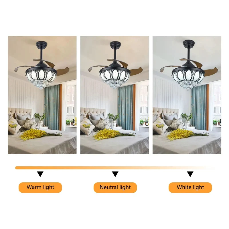 Modern Ceiling Fan With Bright Glow And Retractable Blades Six Speed Touch Control Crystal Accent Trim Warm Neutral Cool Bulb Straight Up Sleek Home Setup Game Changer For Any Living Room