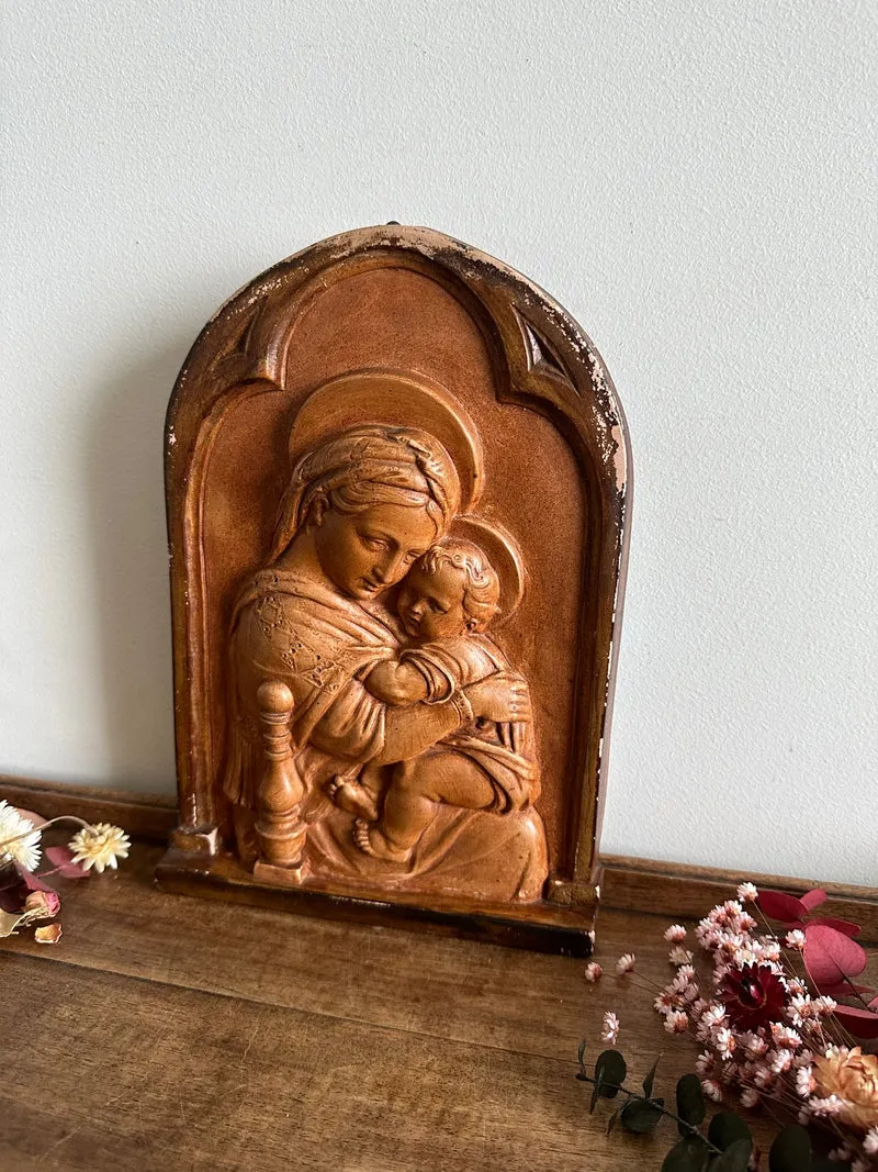 Icône bas relief de la vierge et l'enfant
