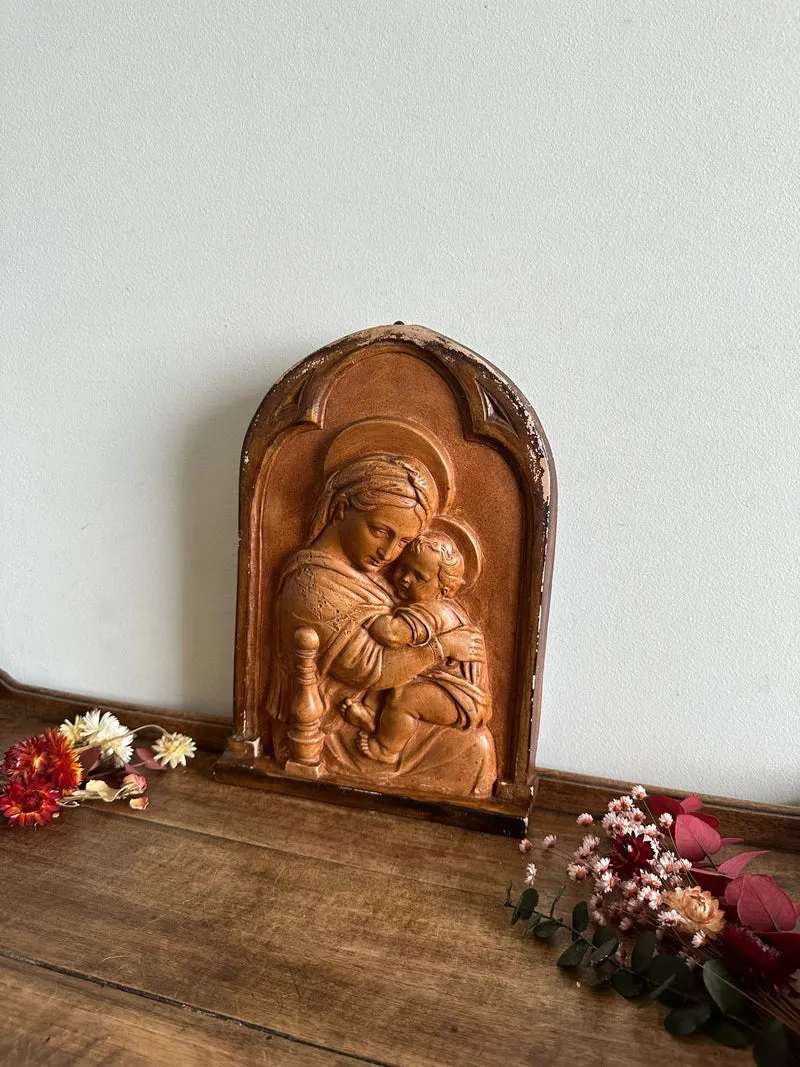Icône bas relief de la vierge et l'enfant