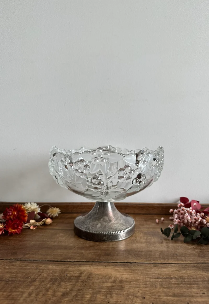 Coupe à fruits en verre givré sur pied en métal argenté