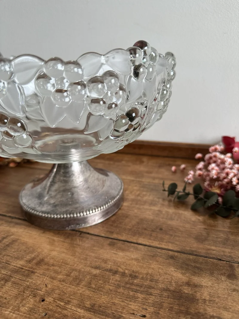 Coupe à fruits en verre givré sur pied en métal argenté