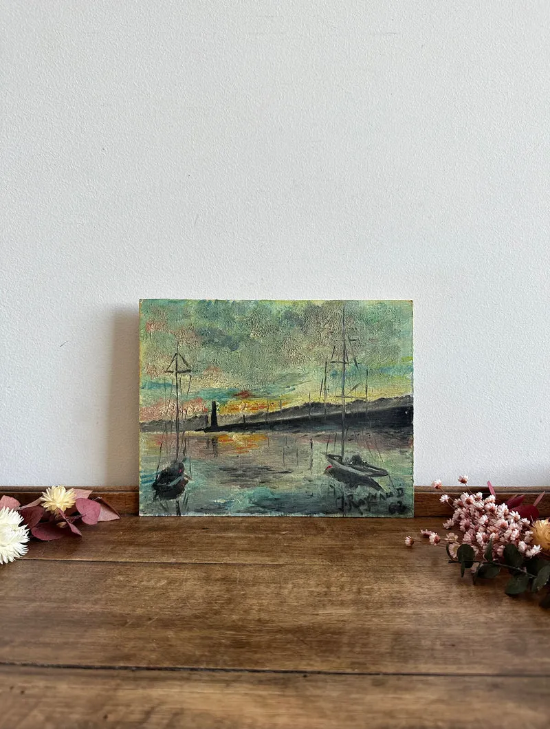 Peinture marine phare et coucher de soleil signée
