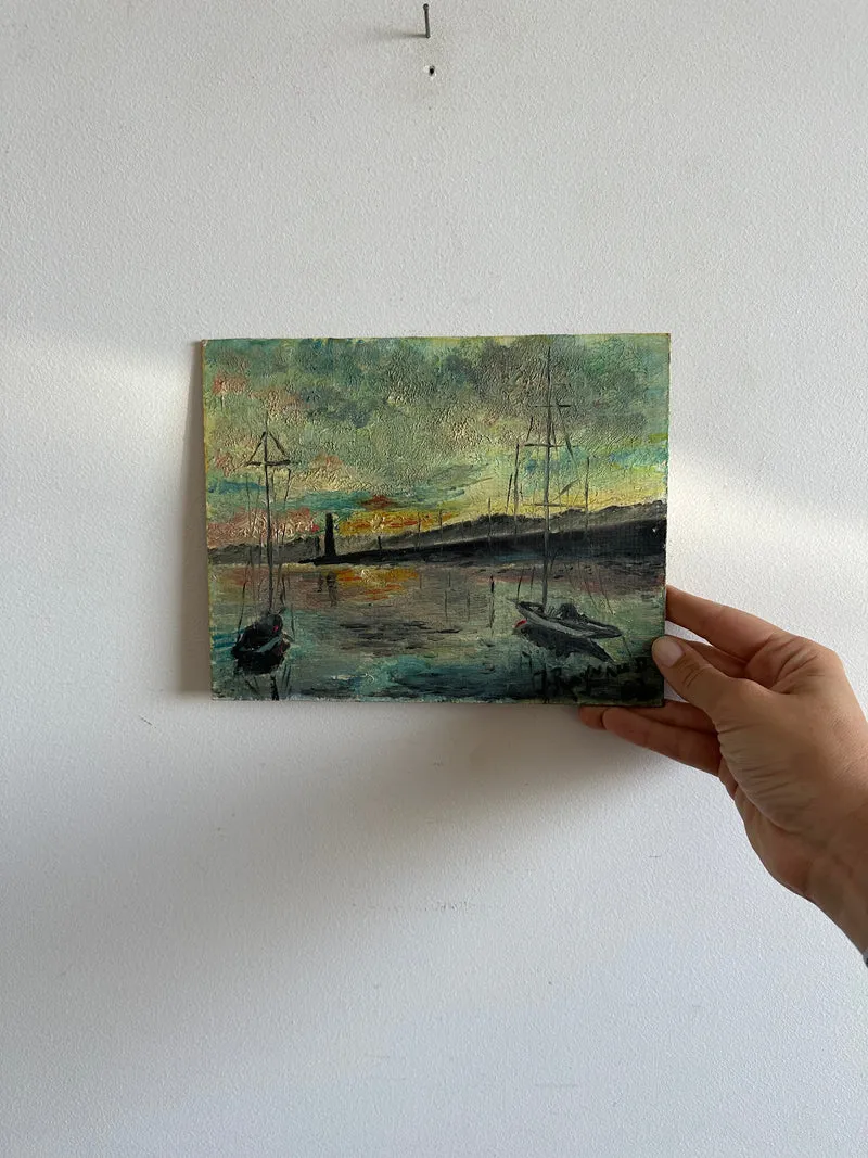 Peinture marine phare et coucher de soleil signée
