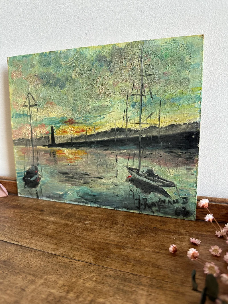 Peinture marine phare et coucher de soleil signée