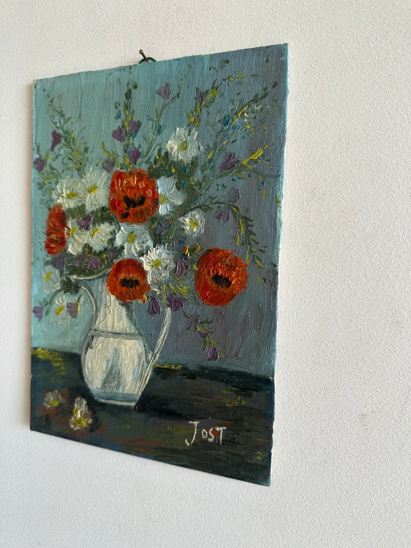 Tableau bouquet de coquelicots sur fond bleu