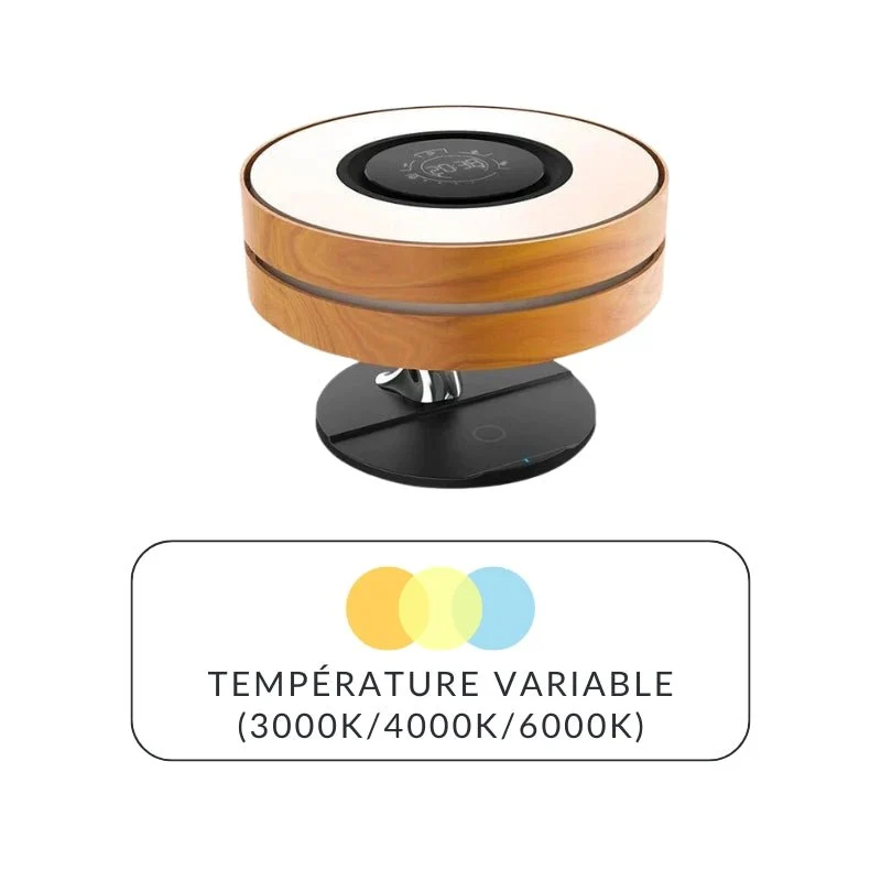 Lampe de Chevet Ronde "Horizon" avec Enceinte & Chargeur Sans fil - Dimmable Tactile - 3000K/4000K/6500K