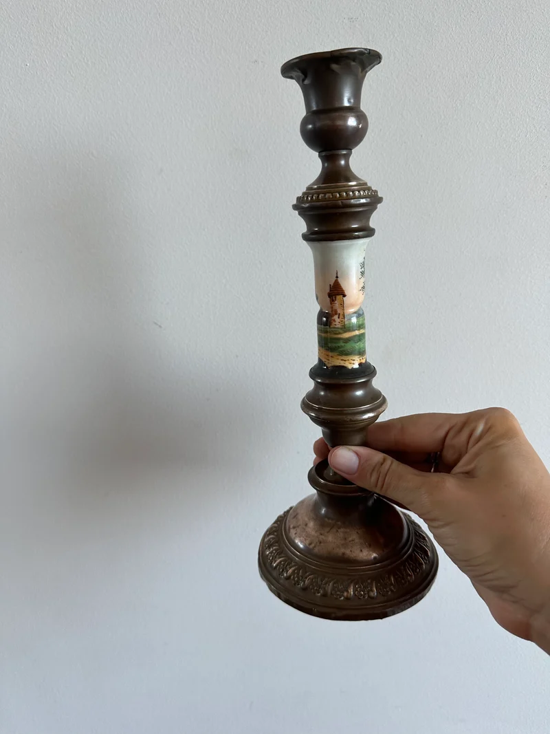 Bougeoir en cuivre et porcelaine peinte à la main 19ème