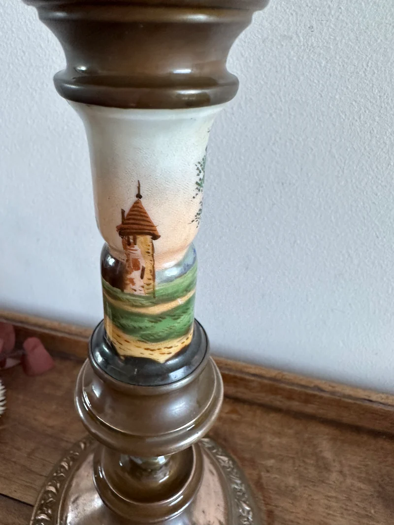 Bougeoir en cuivre et porcelaine peinte à la main 19ème