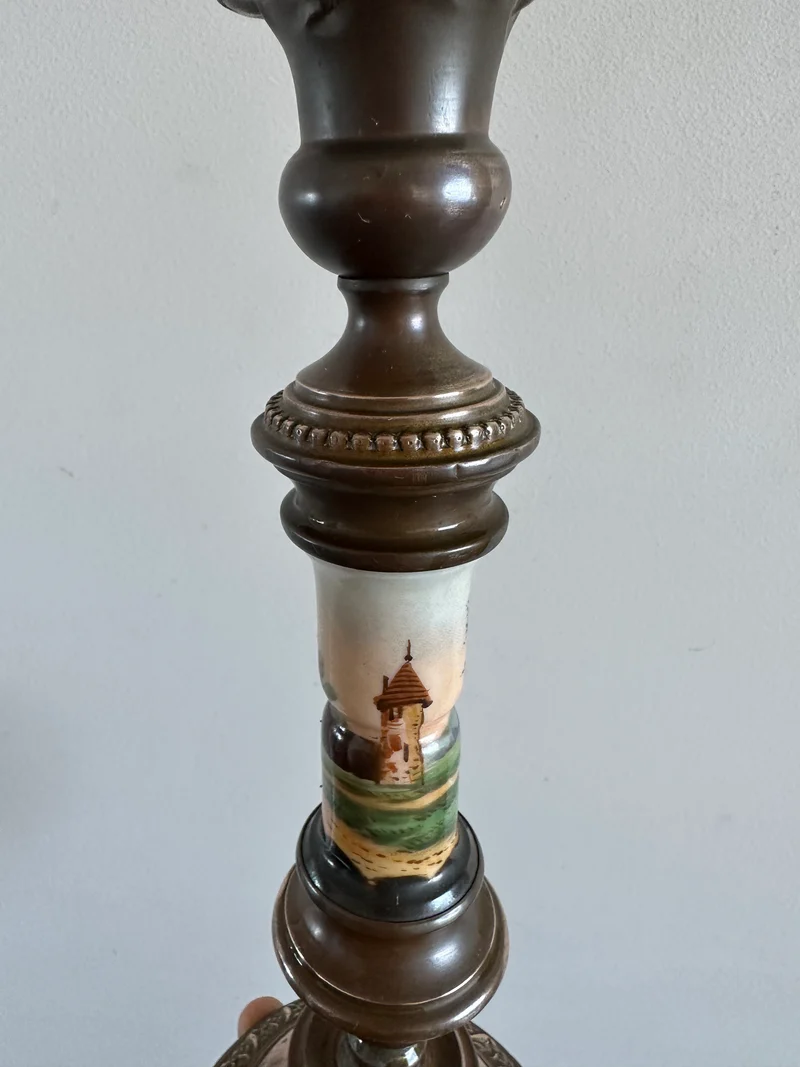 Bougeoir en cuivre et porcelaine peinte à la main 19ème