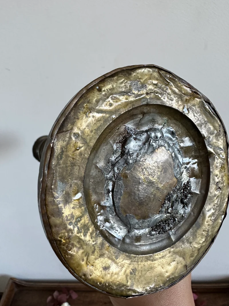 Bougeoir en cuivre et porcelaine peinte à la main 19ème
