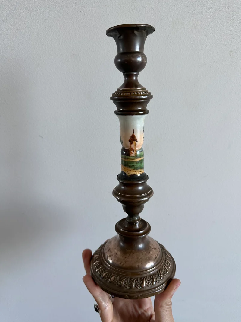 Bougeoir en cuivre et porcelaine peinte à la main 19ème