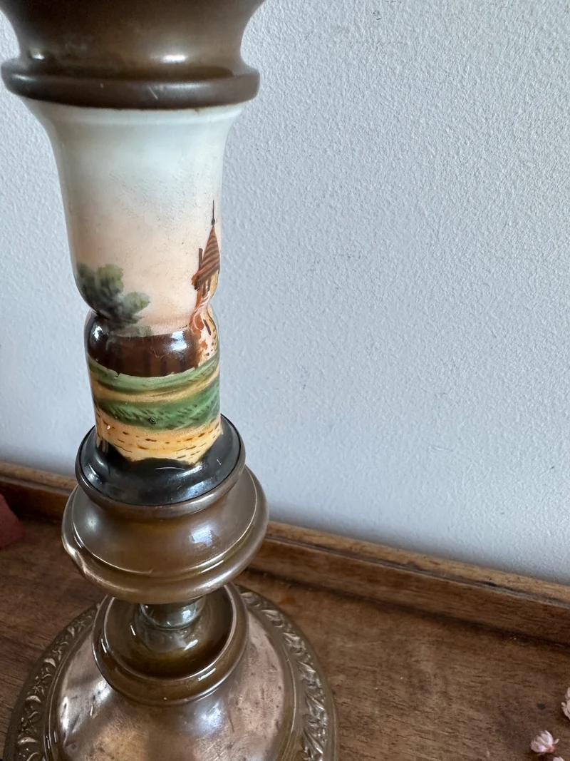 Bougeoir en cuivre et porcelaine peinte à la main 19ème