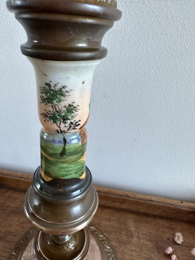 Bougeoir en cuivre et porcelaine peinte à la main 19ème