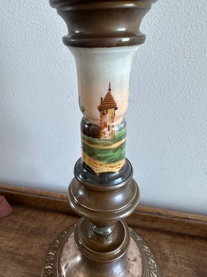 Bougeoir en cuivre et porcelaine peinte à la main 19ème
