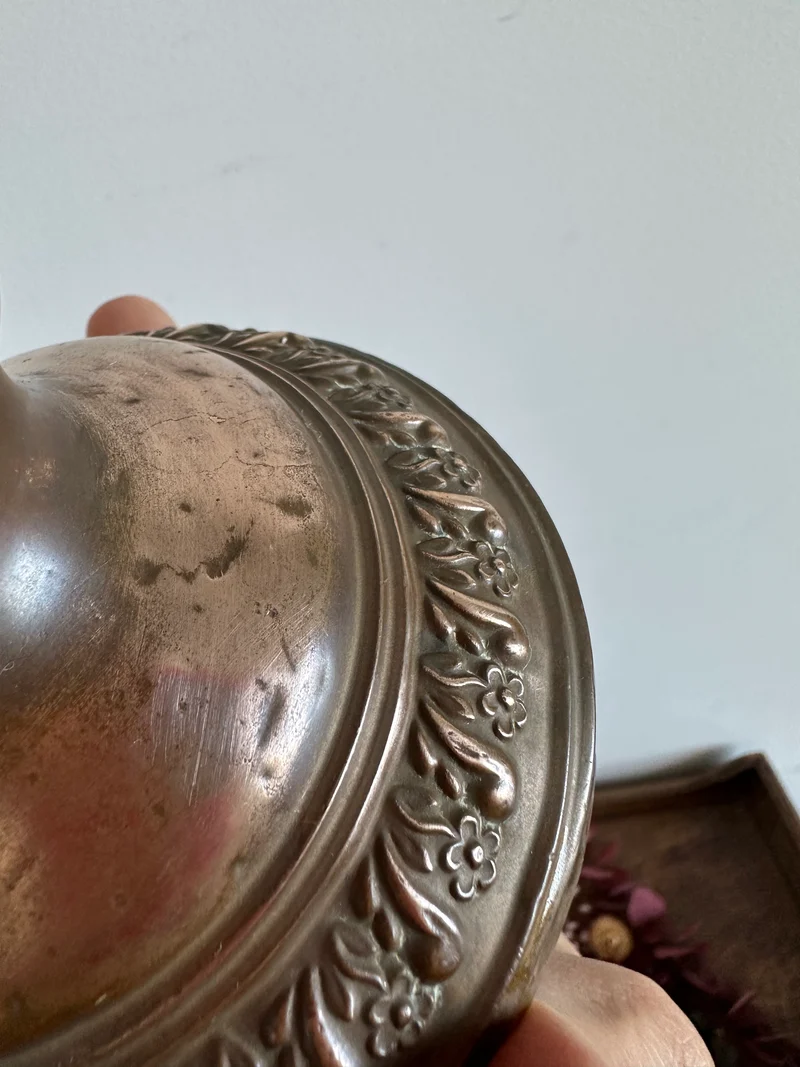 Bougeoir en cuivre et porcelaine peinte à la main 19ème
