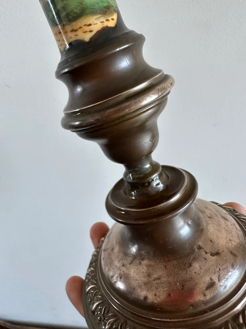Bougeoir en cuivre et porcelaine peinte à la main 19ème