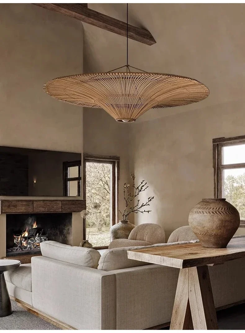 Lampe Suspendue Vintage en Rotin Wabi Sabi – Lustre en Osier pour Salon, Restaurant et Chambre