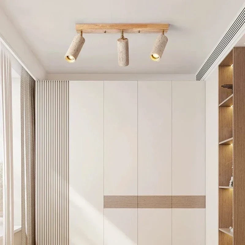 Stone Ceiling Spotlight – Angle Adjustable LED Lamp with Wooden Base for Foyer