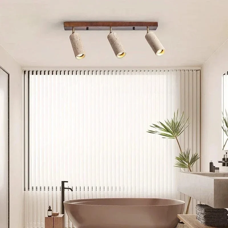 Stone Ceiling Spotlight – Angle Adjustable LED Lamp with Wooden Base for Foyer