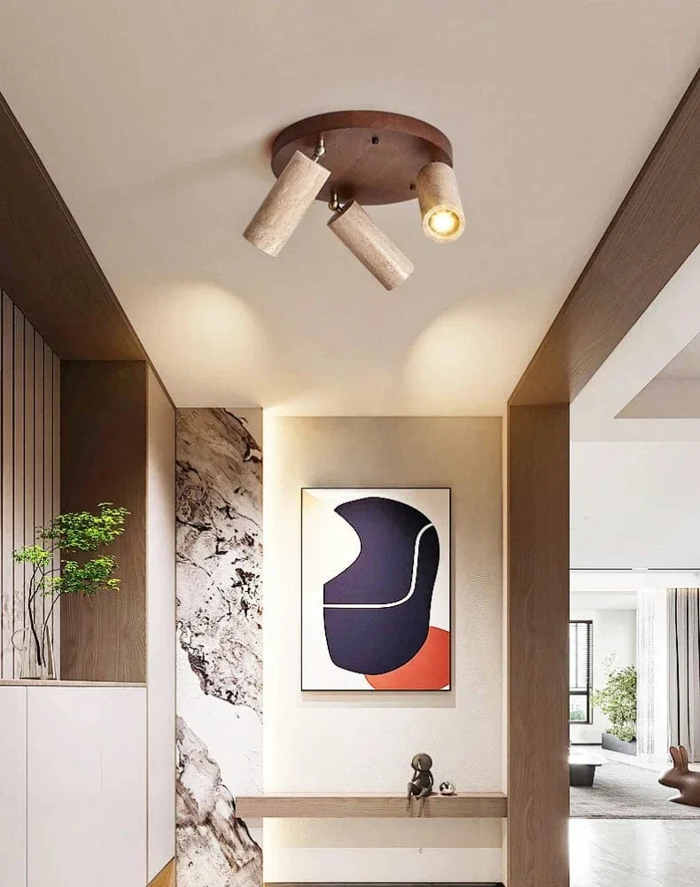 Stone Ceiling Spotlight – Angle Adjustable LED Lamp with Wooden Base for Foyer