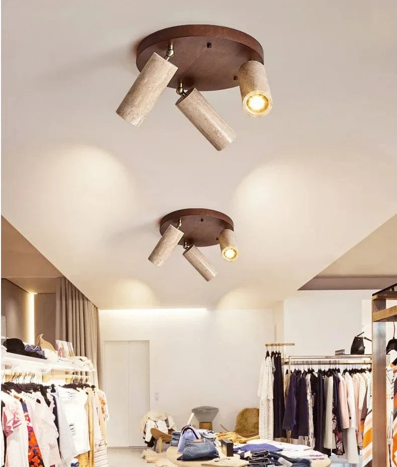 Stone Ceiling Spotlight – Angle Adjustable LED Lamp with Wooden Base for Foyer