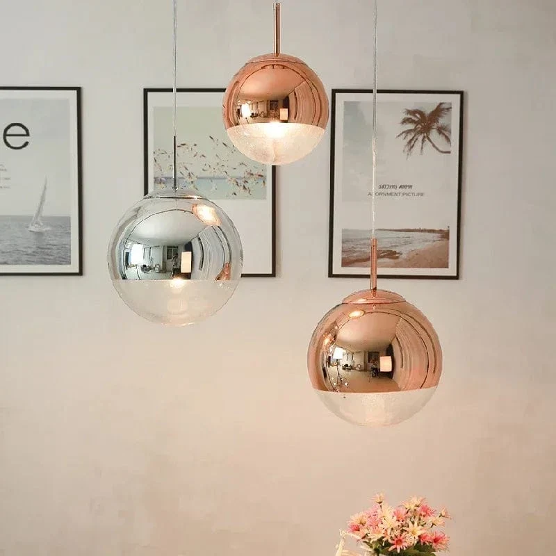 Suspension Nordique en Verre – Lampe Boule Argent/Rose/Or pour Chambre, Salon & Restaurant