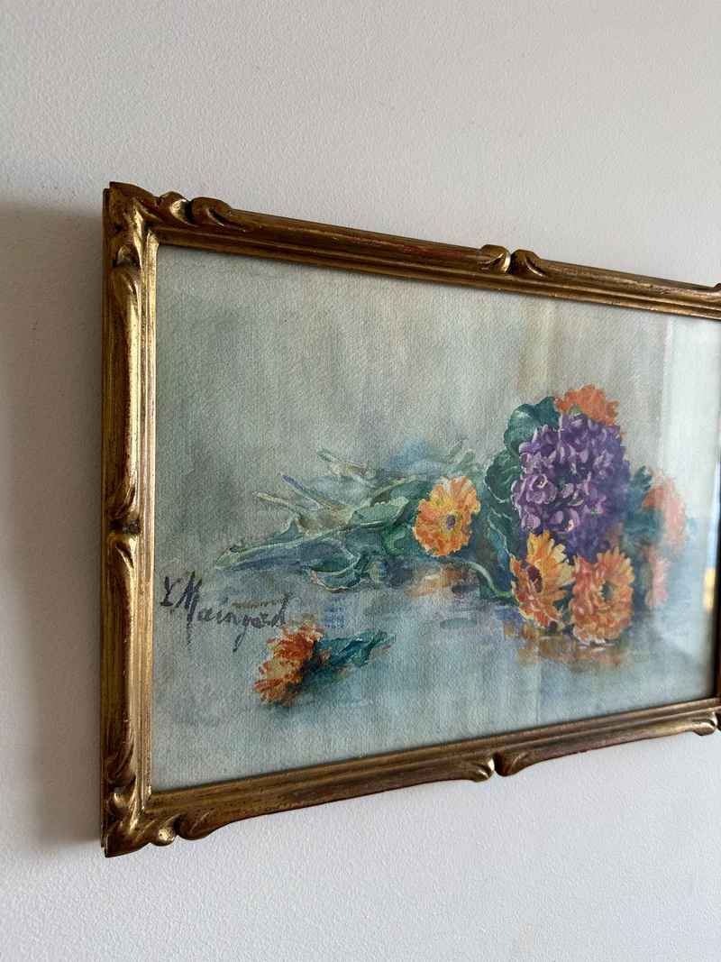Aquarelle bouquet de fleurs sur l'eau signée cadre en bois doré