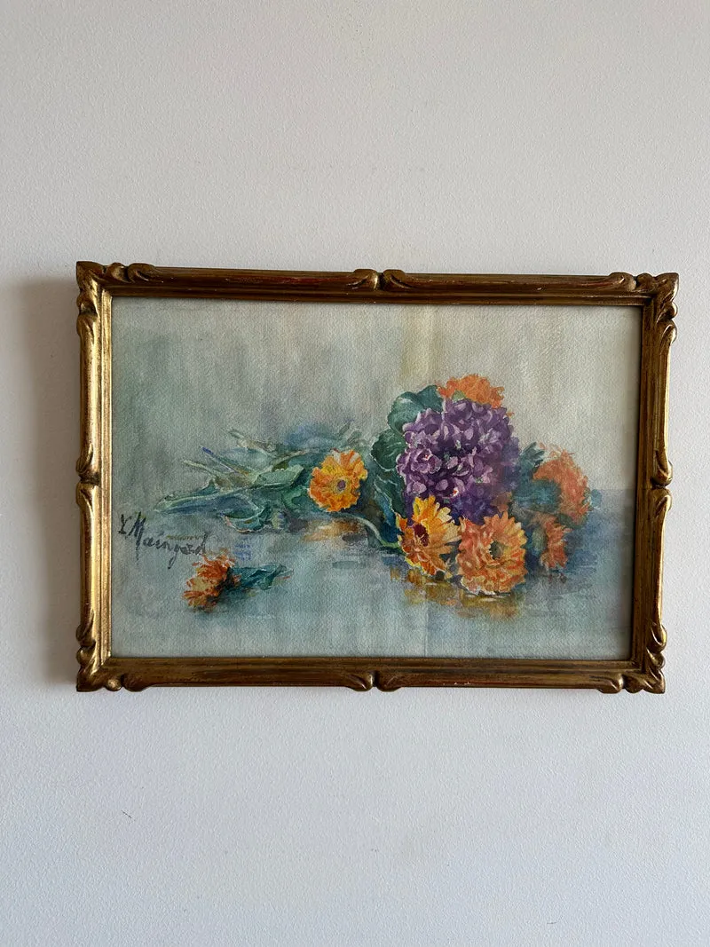Aquarelle bouquet de fleurs sur l'eau signée cadre en bois doré