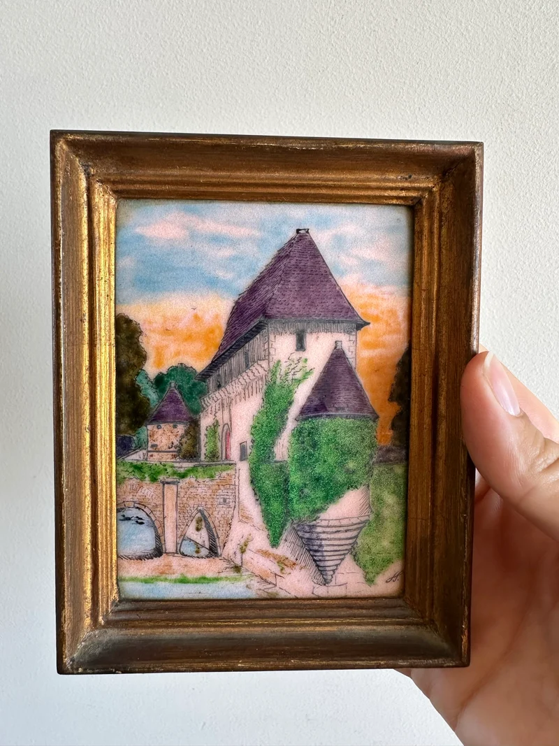 Miniatures email grand feu château cadre mordoré rectangulaire taille M
