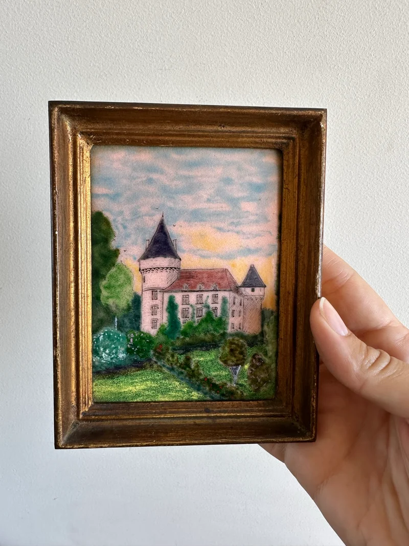 Miniatures email grand feu château cadre mordoré rectangulaire taille M