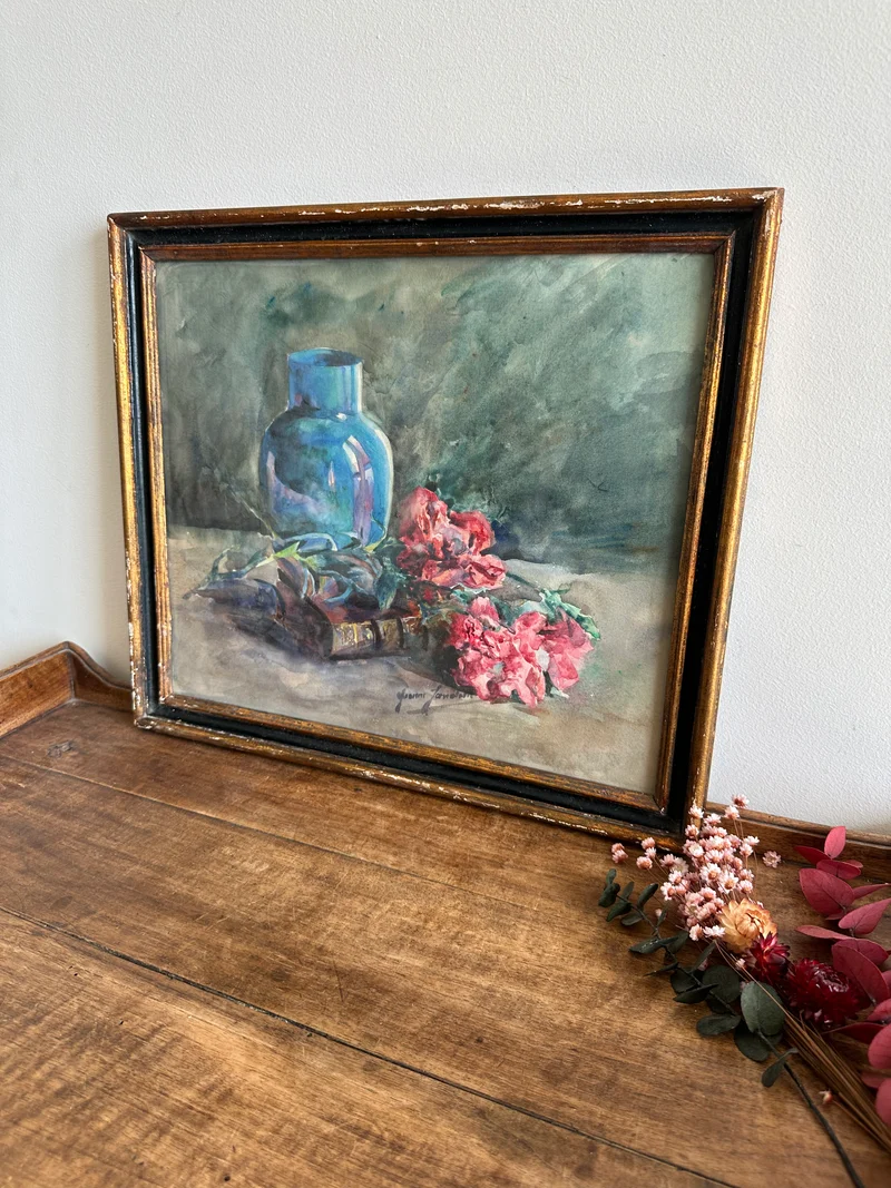 Peinture fleurs roses sur fond bleu cadre en bois bleu et or