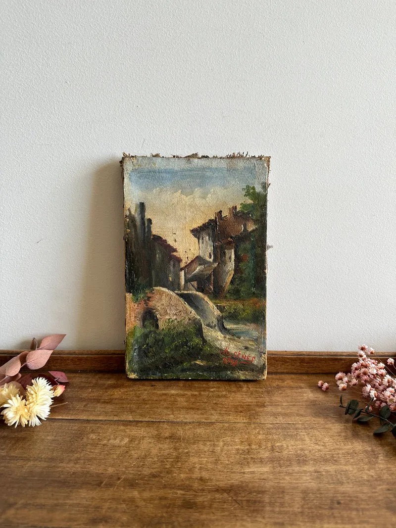 Peinture sur toile hameau et pont signé 19 ème