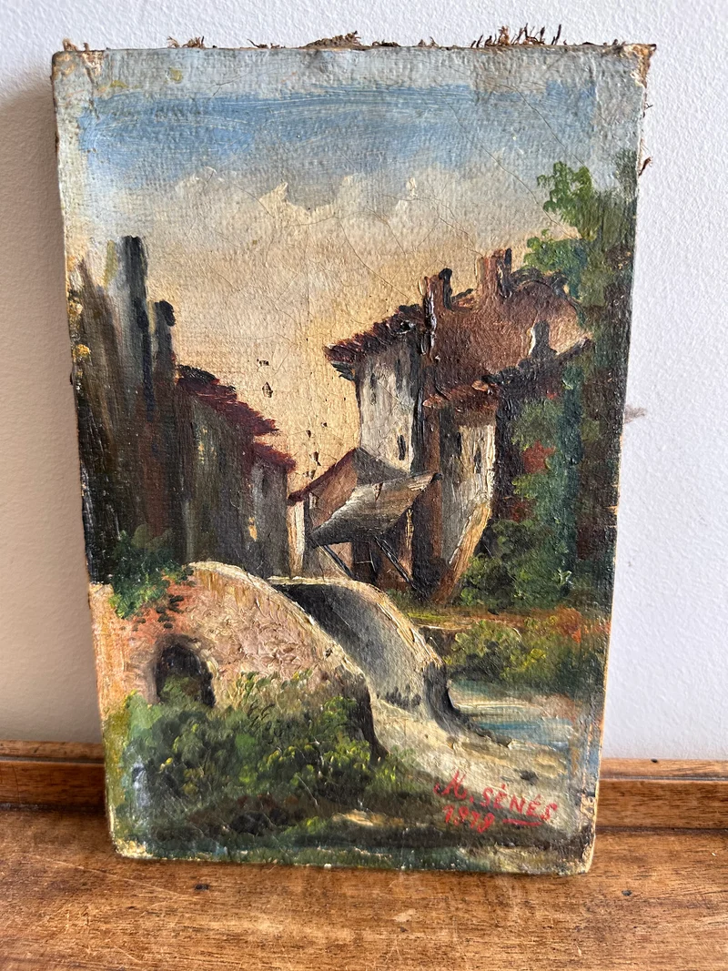 Peinture sur toile hameau et pont signé 19 ème