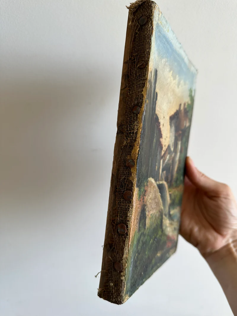Peinture sur toile hameau et pont signé 19 ème