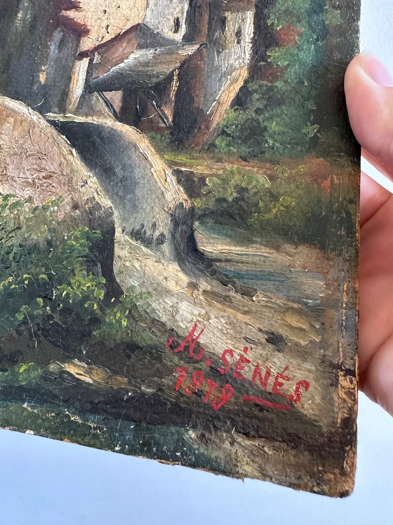 Peinture sur toile hameau et pont signé 19 ème