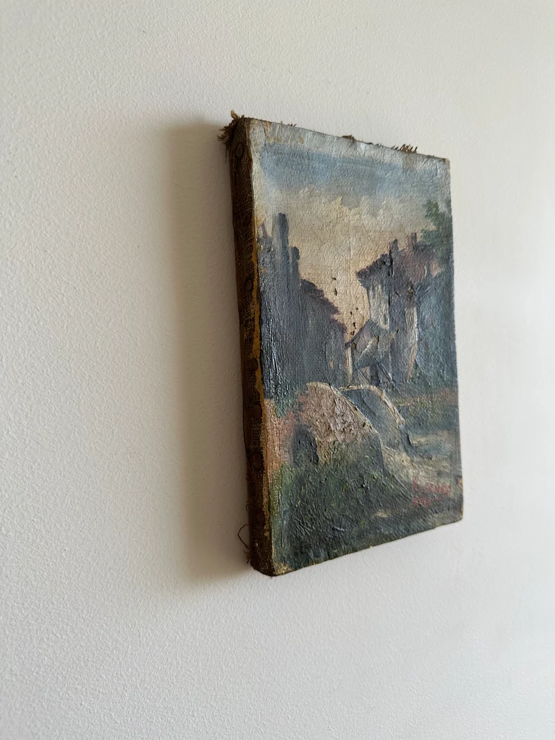 Peinture sur toile hameau et pont signé 19 ème