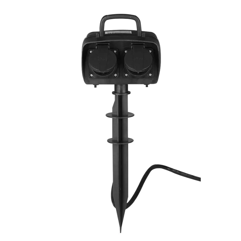 Prise de Jardin Noir avec Piquet de Terre IP44 2 Prises avec Timer Intégré