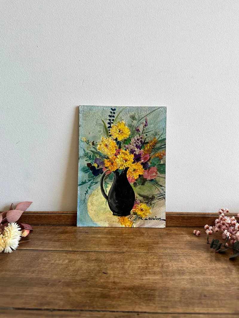 Peinture bouquet de fleurs signée sur carton années 70