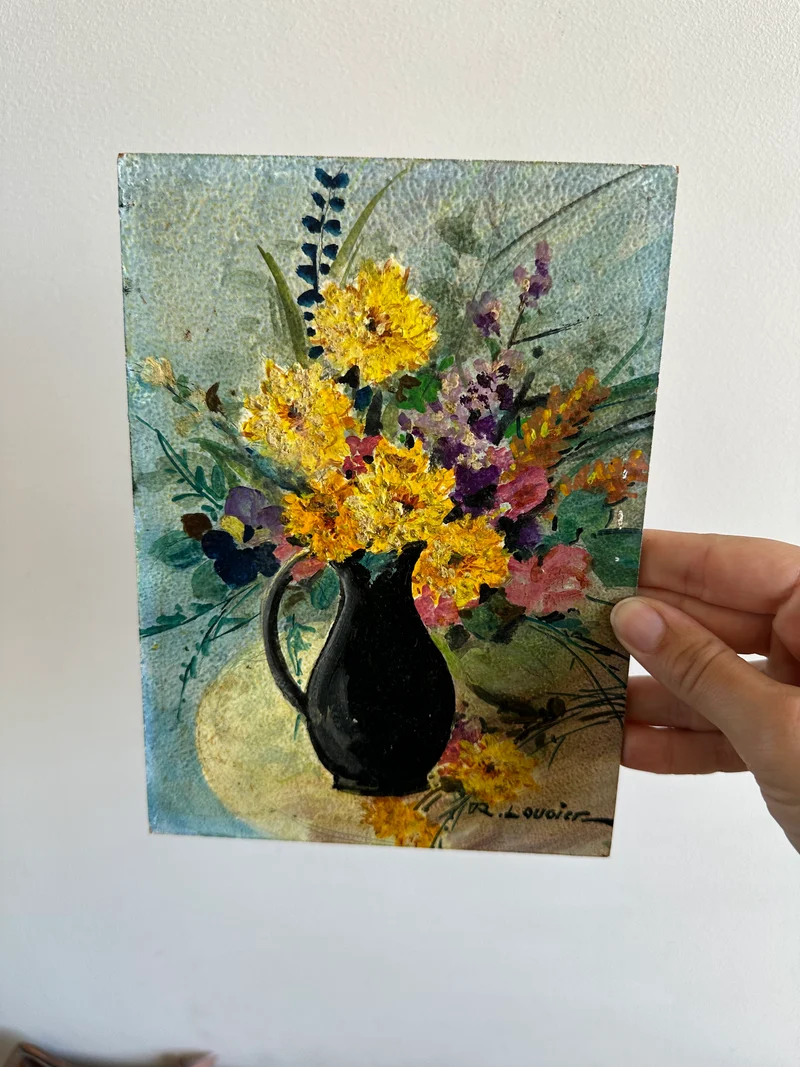 Peinture bouquet de fleurs signée sur carton années 70