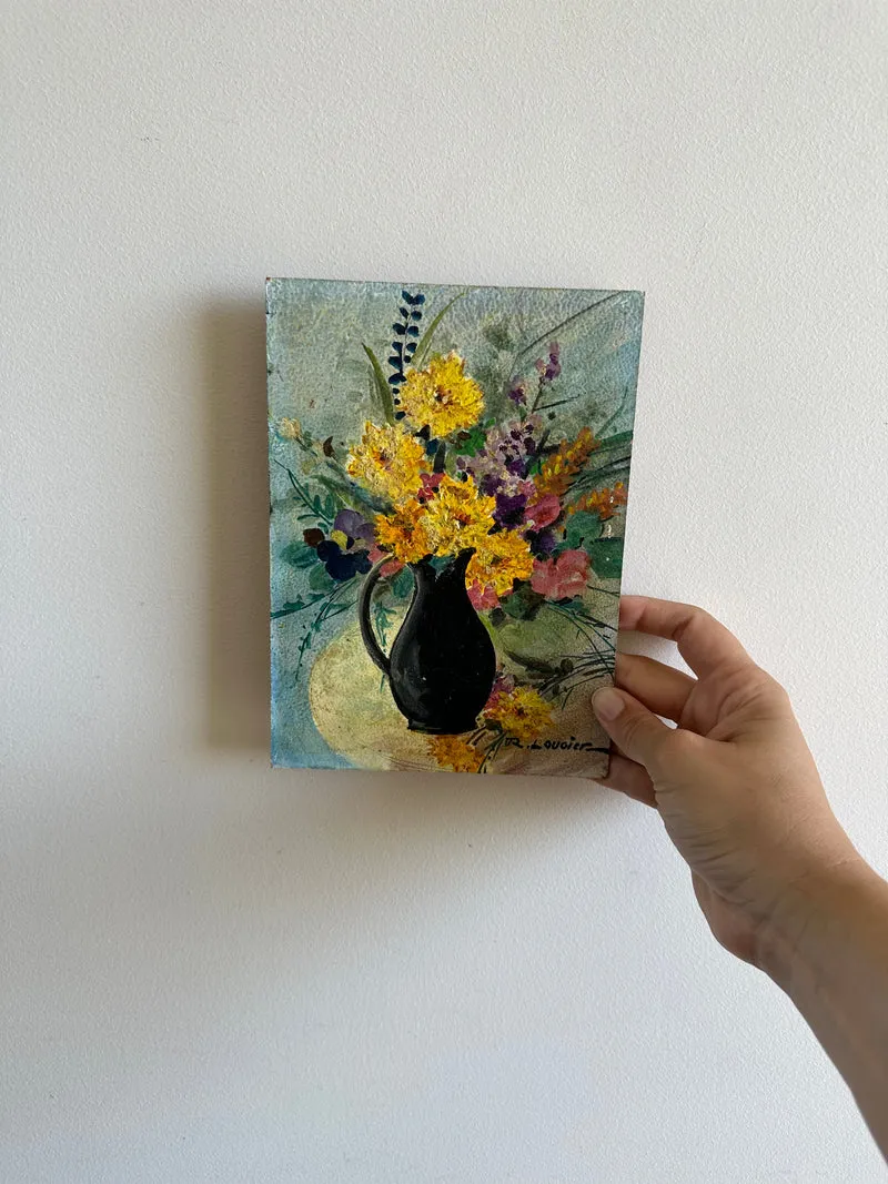Peinture bouquet de fleurs signée sur carton années 70