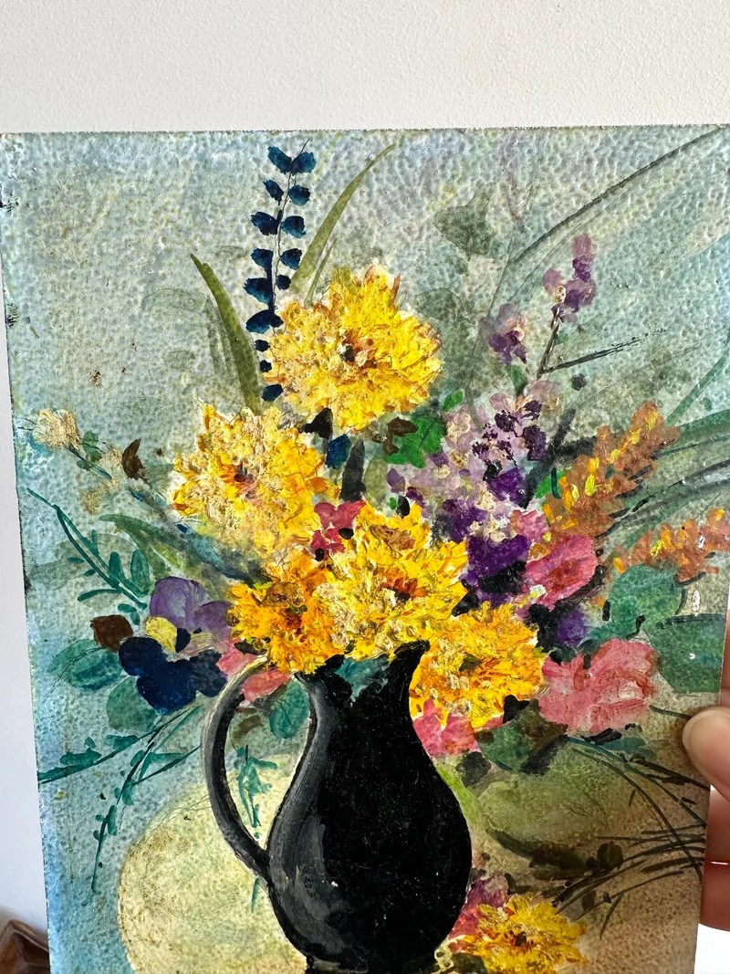 Peinture bouquet de fleurs signée sur carton années 70