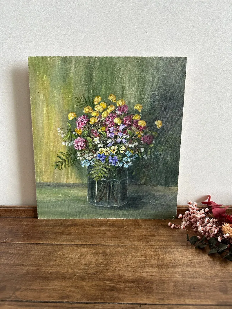 Peinture bouquet de fleurs sur toile signée fleurs roses jaunes et violettes