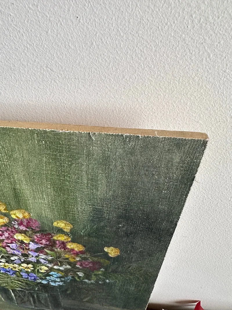 Peinture bouquet de fleurs sur toile signée fleurs roses jaunes et violettes