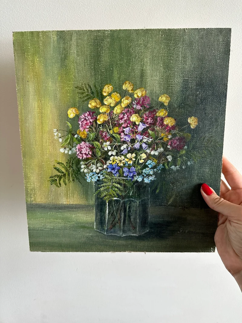 Peinture bouquet de fleurs sur toile signée fleurs roses jaunes et violettes
