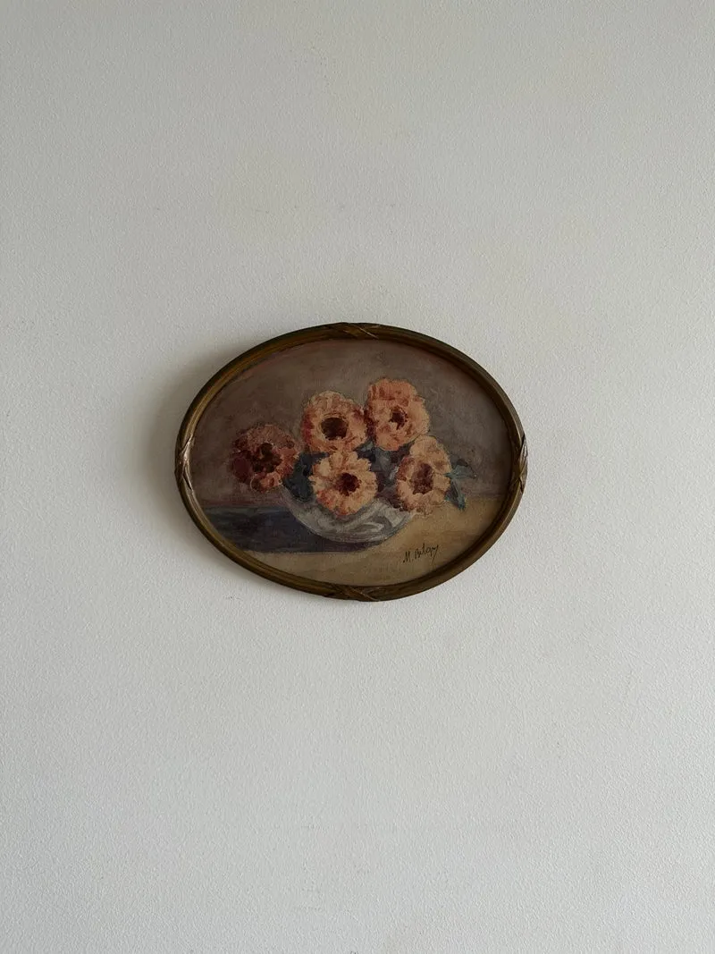 Peinture fleurs roses pâles signée dans cadre ovale en bois début XXème