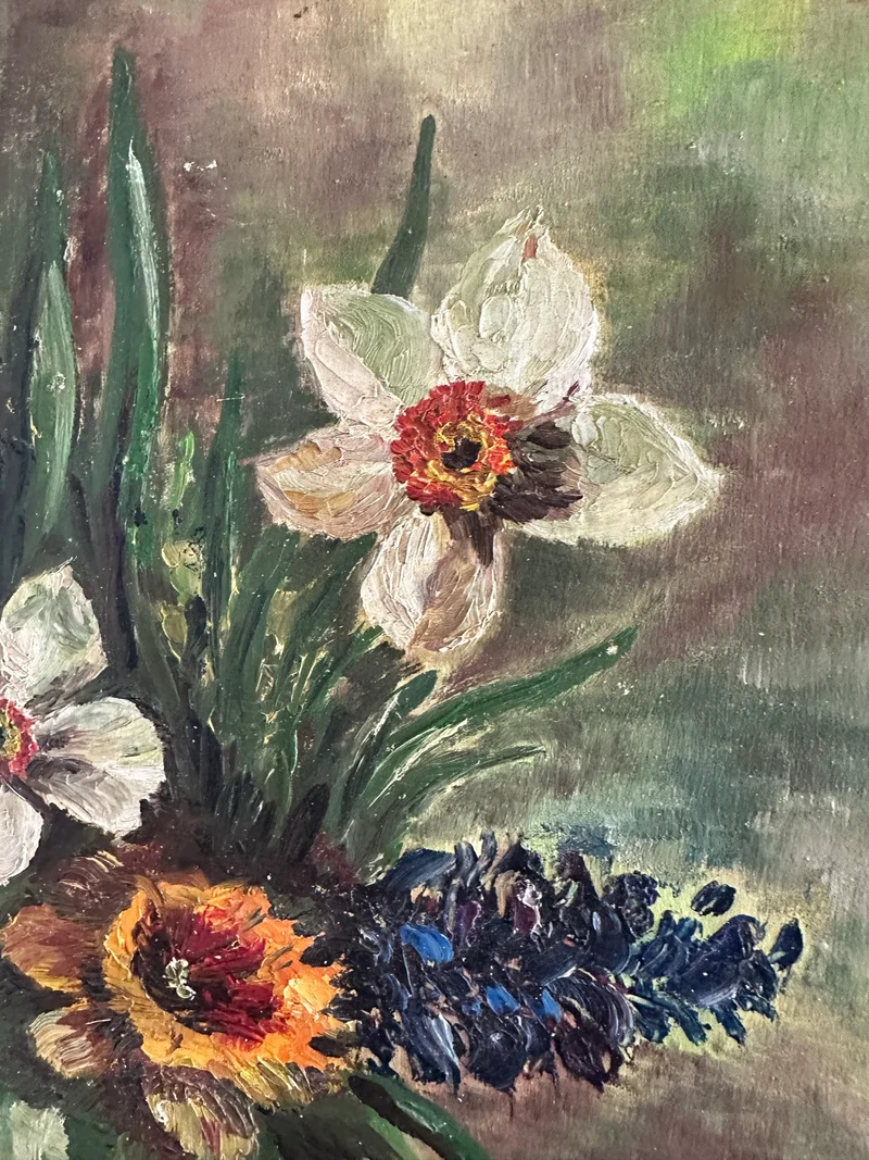 Peinture bouquet de fleurs signée fond vert années 66